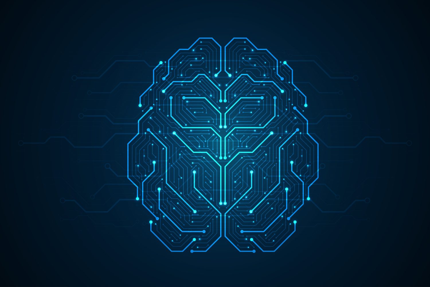 Abstract brain form electronic circuits lines pattern. Point connecting network on blue background